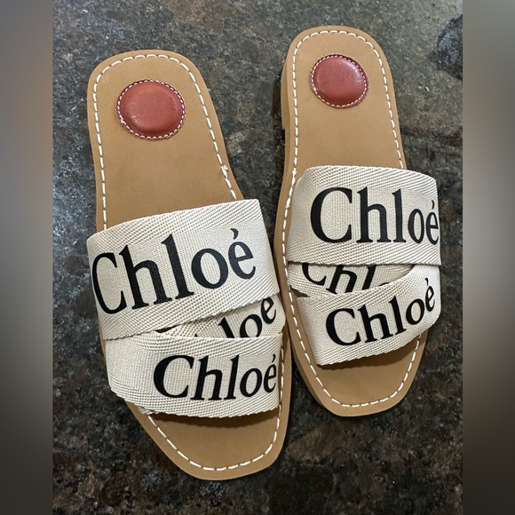 NEW Chloe Designer Woody Flat Logo Ribbon Slide Sandals Shoe Women 9B/39EU White - Picture 2 of 7